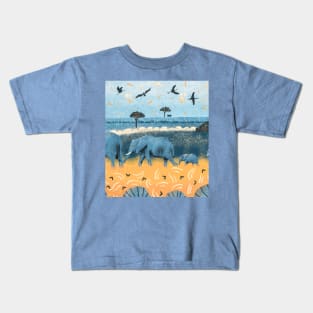 Walk of elephants in the savannah Kids T-Shirt